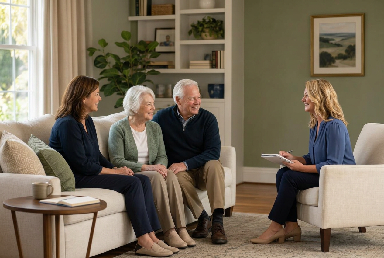 A Waypoint care partner meeting with a senior couple and their adult child in a warm living room